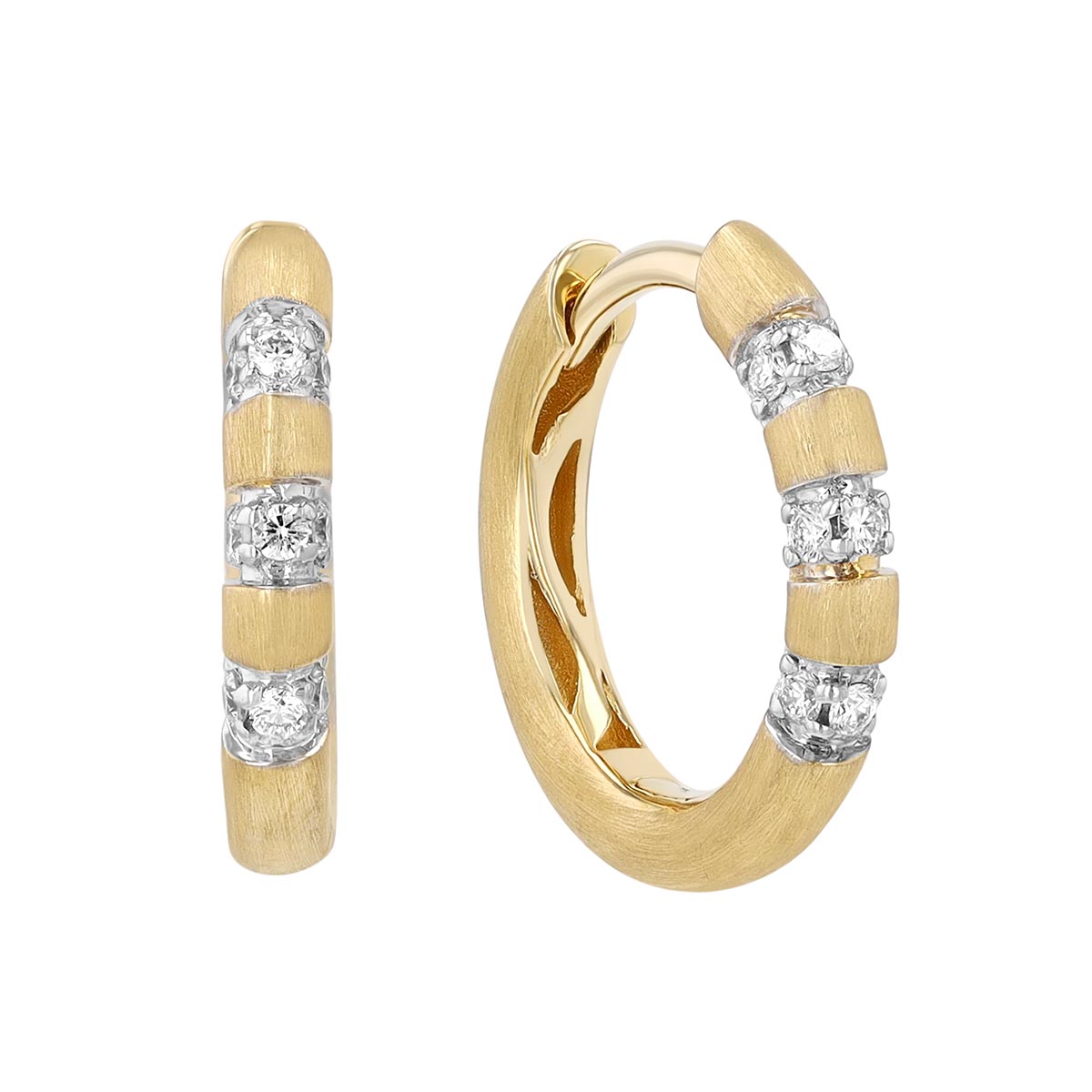 Diamond Alternating Hoop Earrings in Satin 14K Yellow Gold, 14 x 2 mm