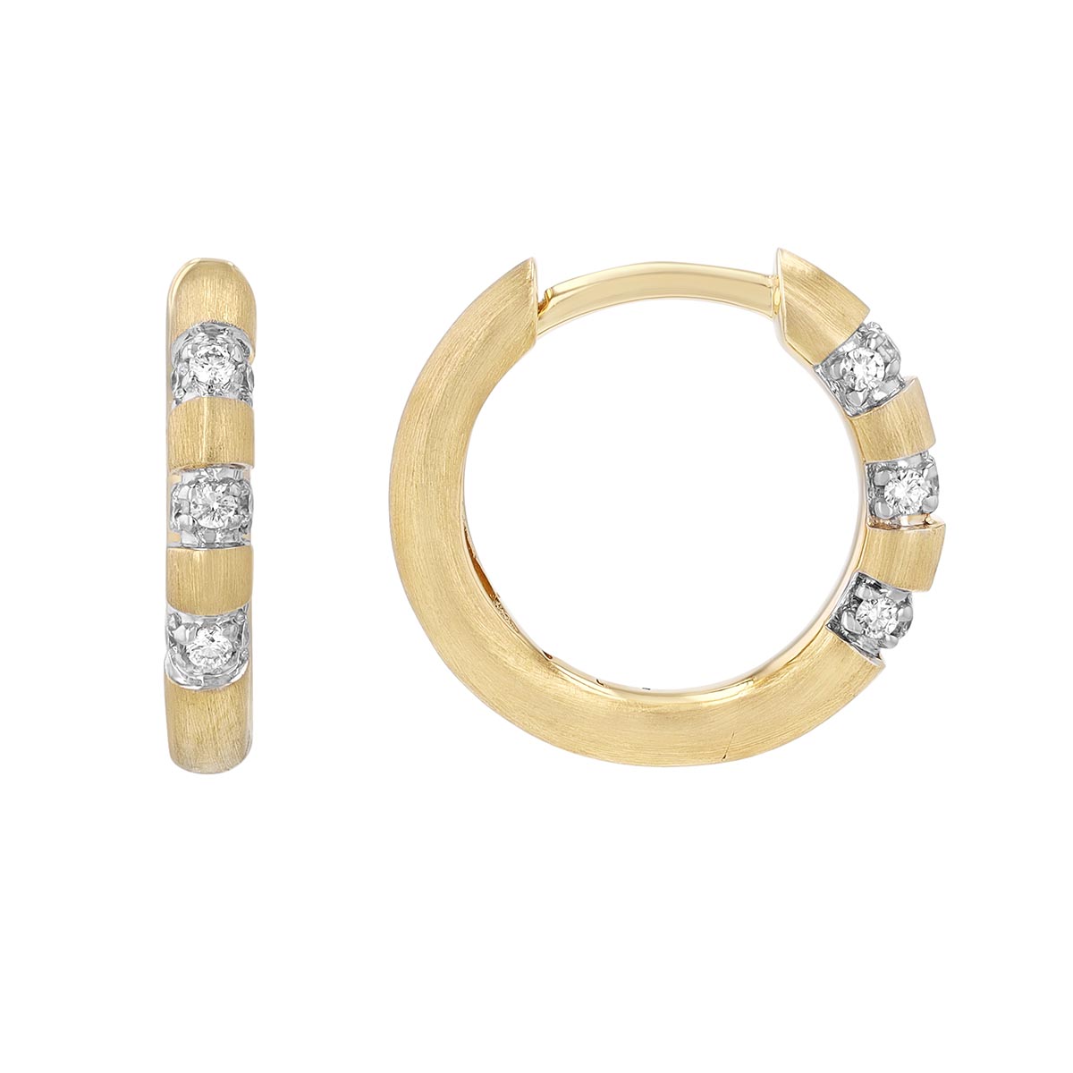 Diamond Alternating Hoop Earrings in Satin 14K Yellow Gold, 14 x 2 mm