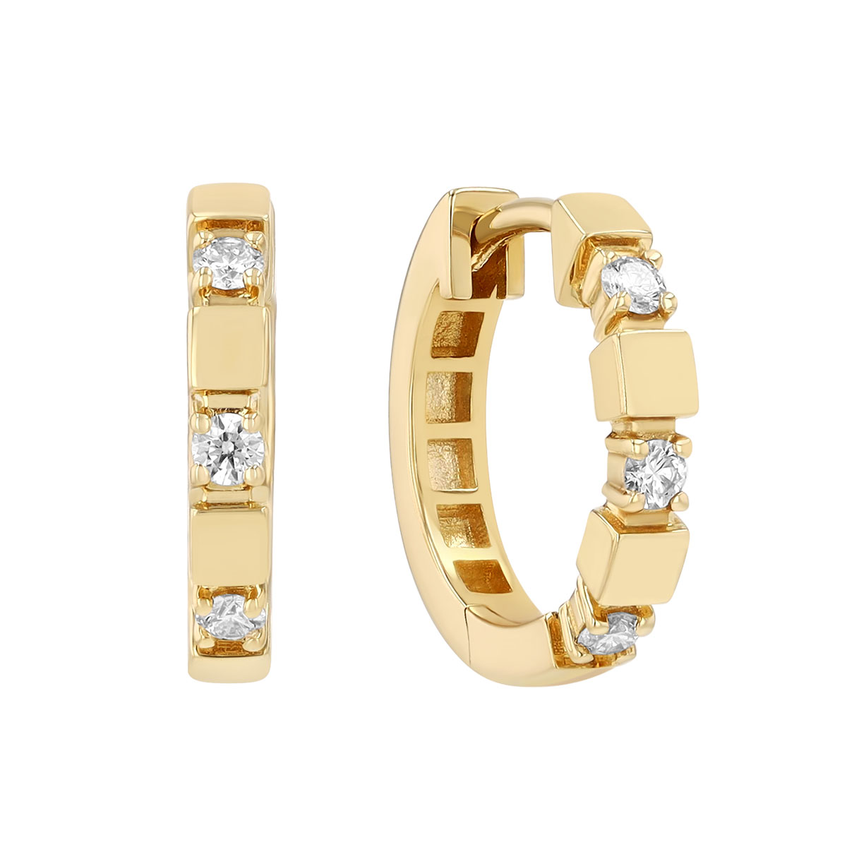 Diamond Block Pattern Huggie Hoop Earrings in 14K Yellow Gold, 13.8 x 2.3 mm