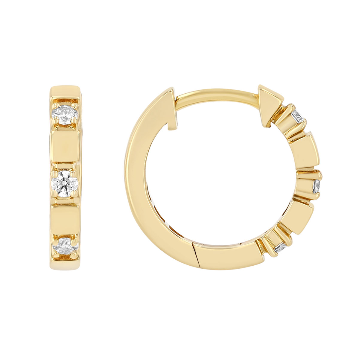 Diamond Block Pattern Huggie Hoop Earrings in 14K Yellow Gold, 13.8 x 2.3 mm
