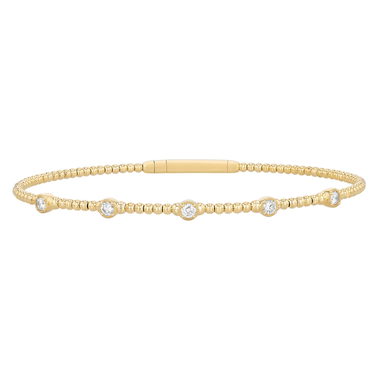Bezel Set Diamond Station & Beaded Flexible Bracelet in Yellow Gold, 6.5