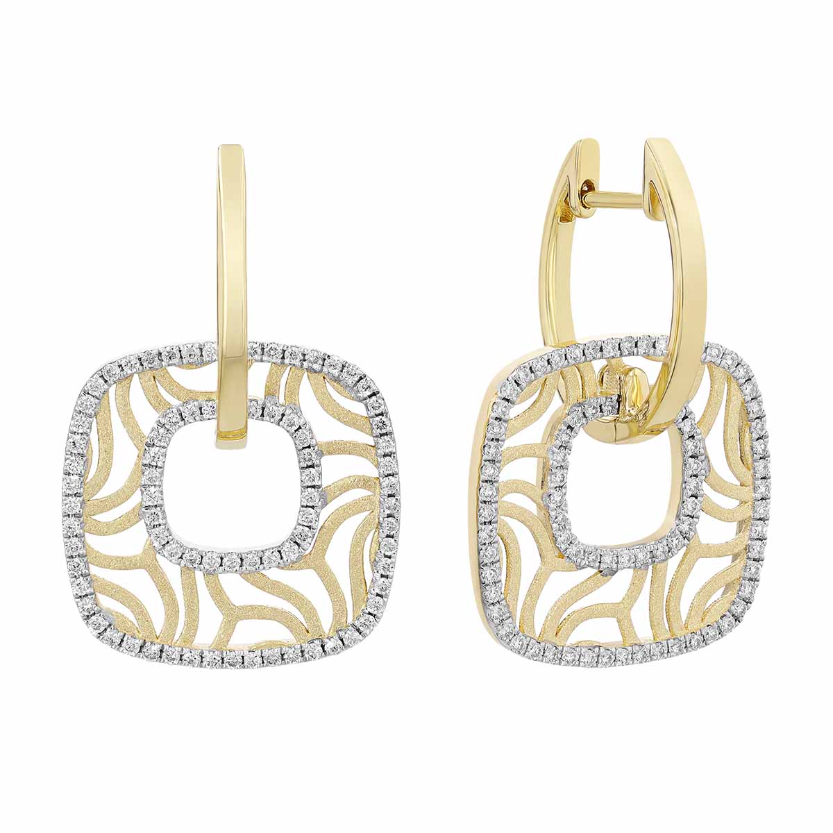 Frederic Sage Diamond Cushion Shaped Openwork Dangle Earrings in 14K Yellow Gold