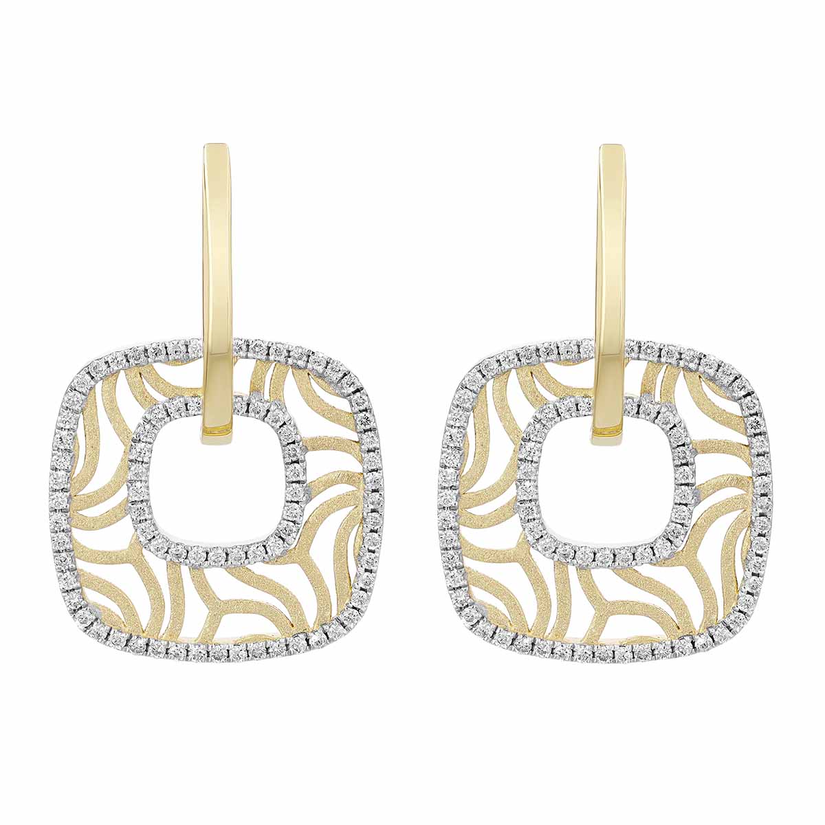 Frederic Sage Diamond Cushion Shaped Openwork Dangle Earrings in 14K Yellow Gold