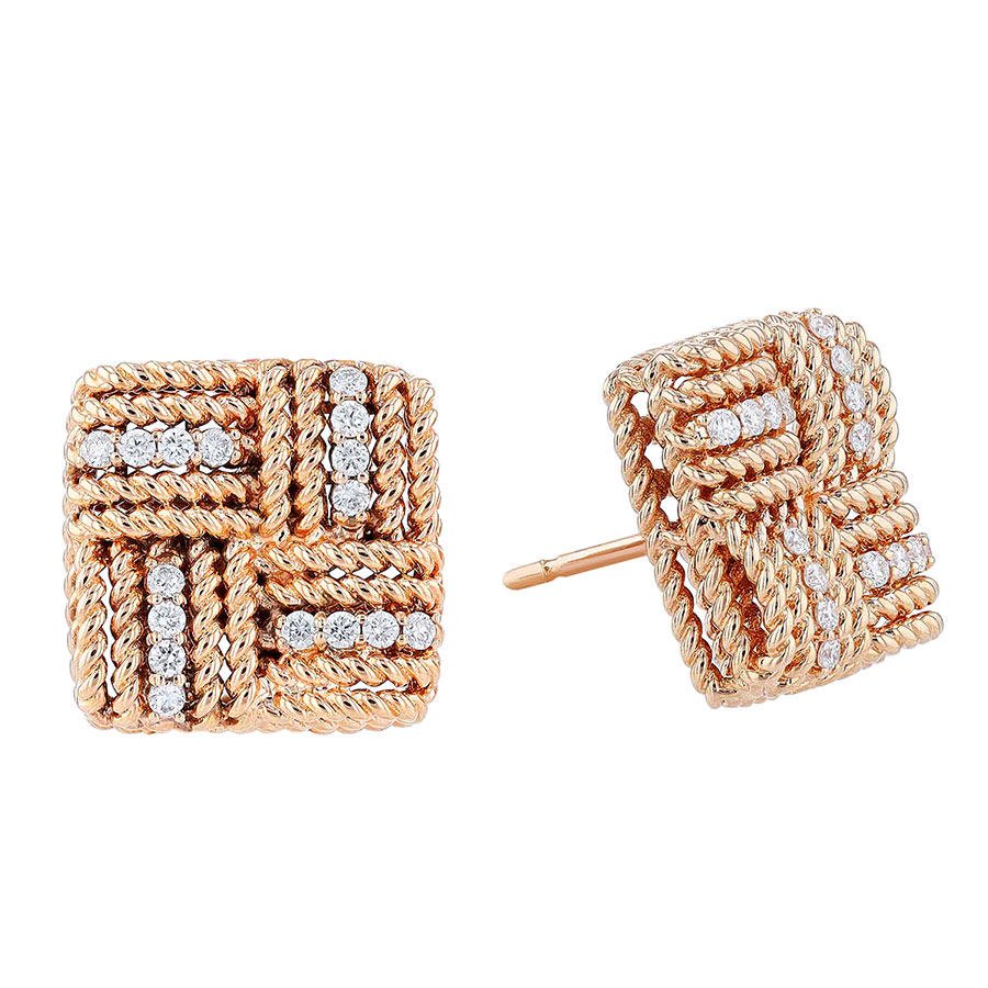 Roberto Coin Opera Rose Gold Woven Square Stud Earrings with Diamonds