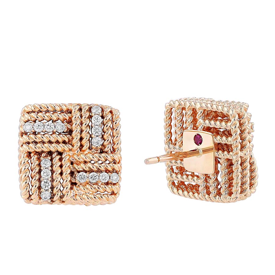 Roberto Coin Opera Rose Gold Woven Square Stud Earrings with Diamonds
