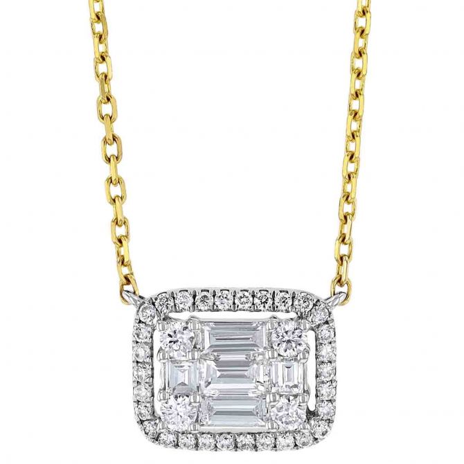 Frederic Sage Diamond Mosaic Rectangle Necklace in White Gold with Yellow Gold Chain, 18"