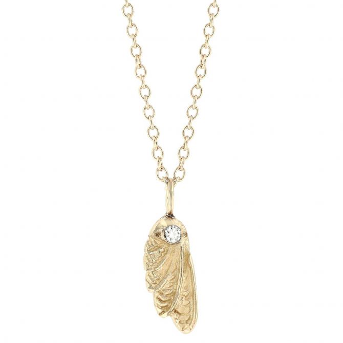 Robin Haley Delicate Yellow Gold Hummingbird Wing Pendant with Diamond, 16"