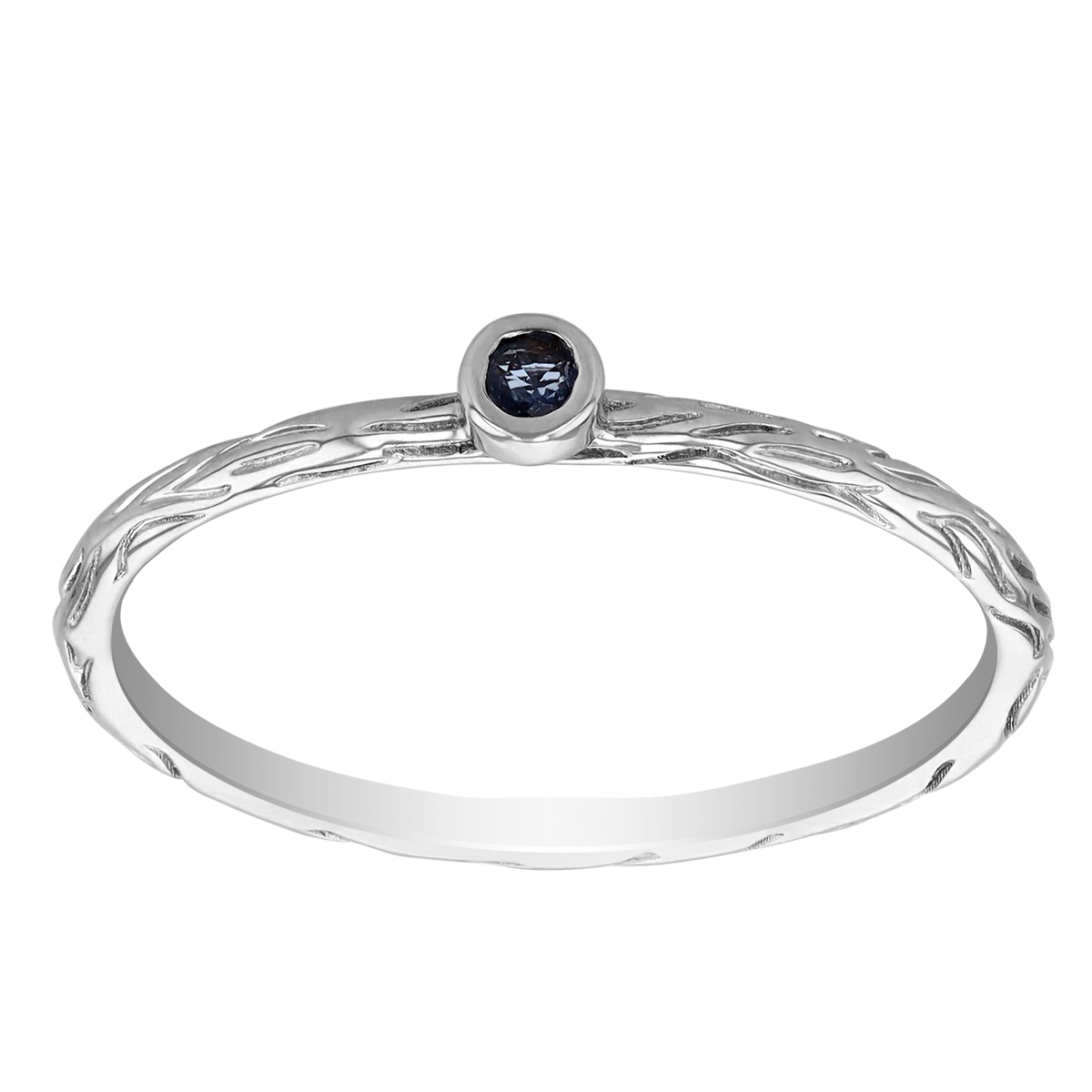 Sapphire Dainty Bezel Set Stacking Ring with Engraved Shank in White Gold