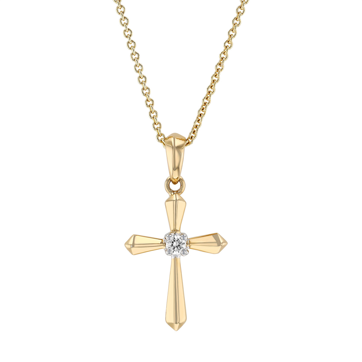Yellow Gold Beveled Cross Pendant with Diamond Center, 18