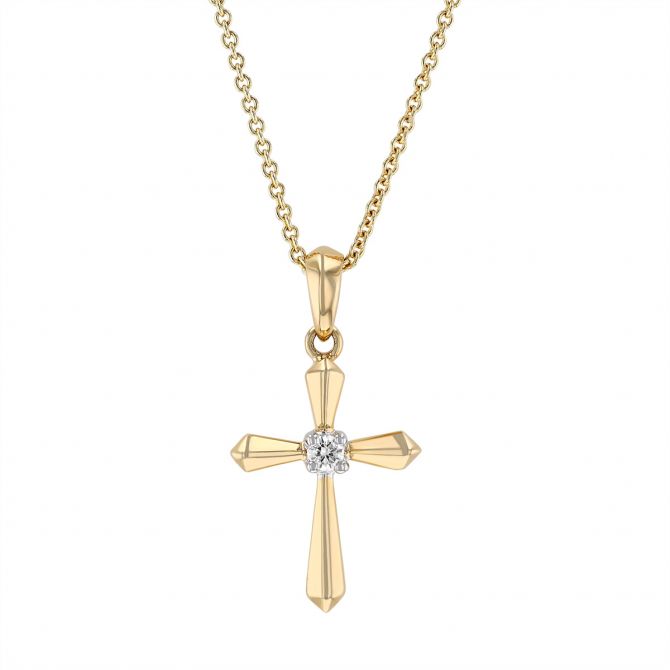 Yellow Gold Beveled Cross Pendant with Diamond Center, 18"
