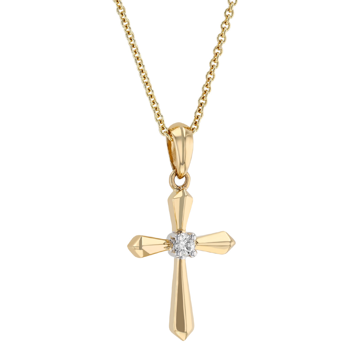 Yellow Gold Beveled Cross Pendant with Diamond Center, 18
