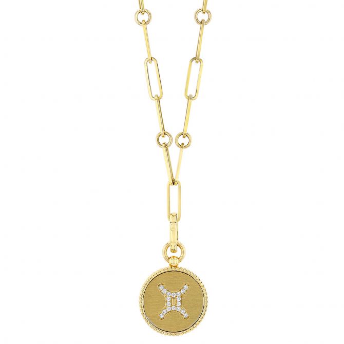 Roberto Coin Gemini Zodiac Yellow Gold Medallion Pendant with Diamonds & Paper Clip Chain