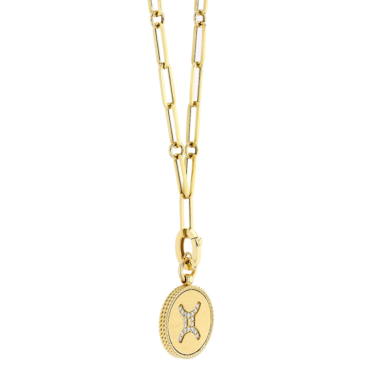 Roberto Coin Gemini Zodiac Yellow Gold Medallion Pendant with Diamonds & Paper Clip Chain