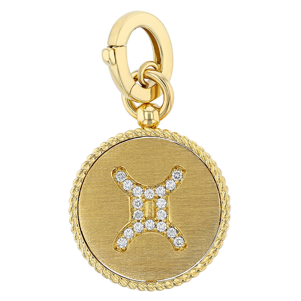 Roberto Coin Gemini Zodiac Yellow Gold Medallion Pendant with Diamonds & Paper Clip Chain