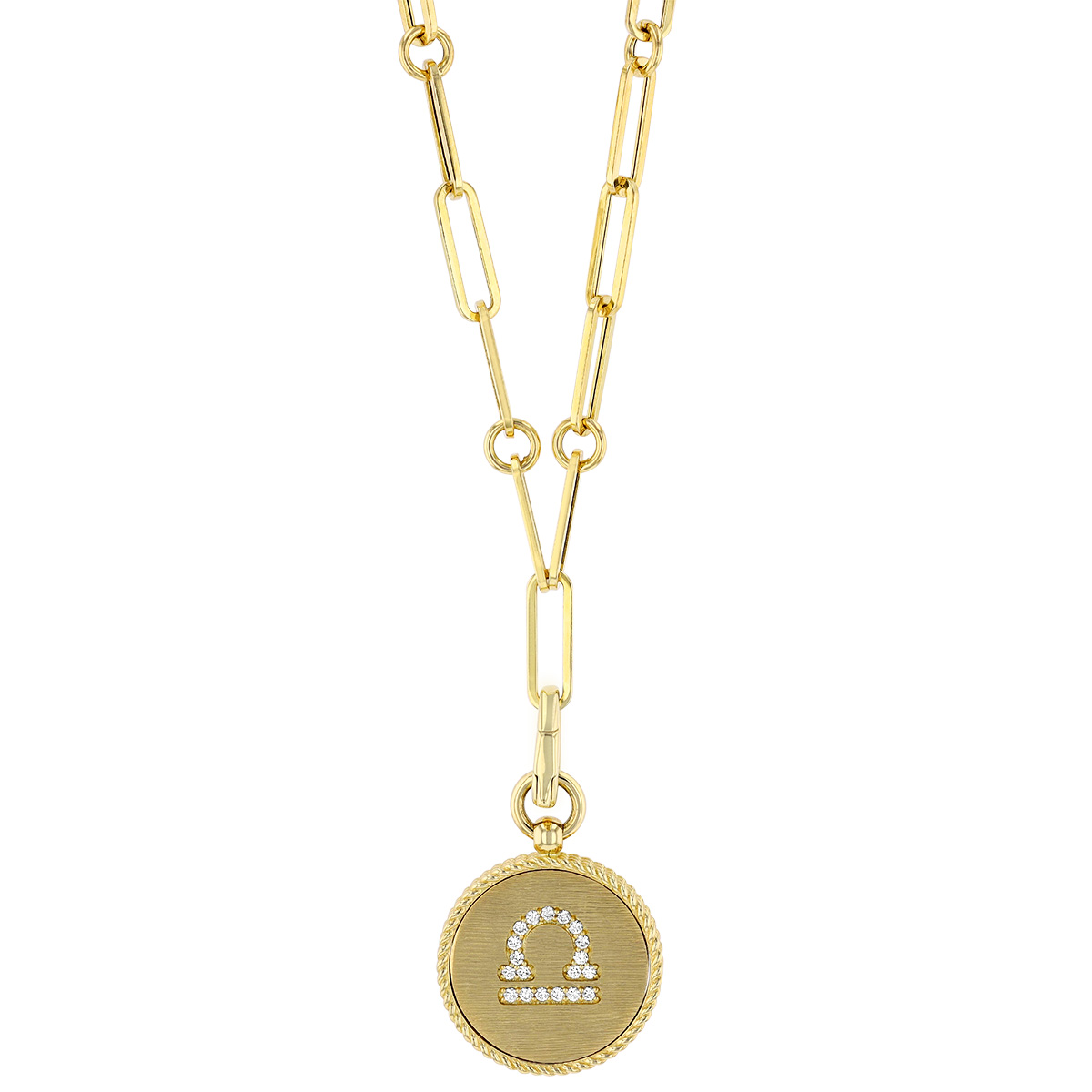 Roberto Coin Libra Zodiac Yellow Gold Medallion Pendant with Diamonds & Paper Clip Chain