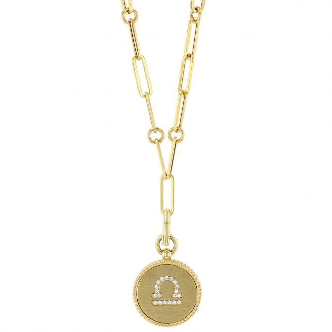 Roberto Coin Libra Zodiac Yellow Gold Medallion Pendant with Diamonds & Paper Clip Chain