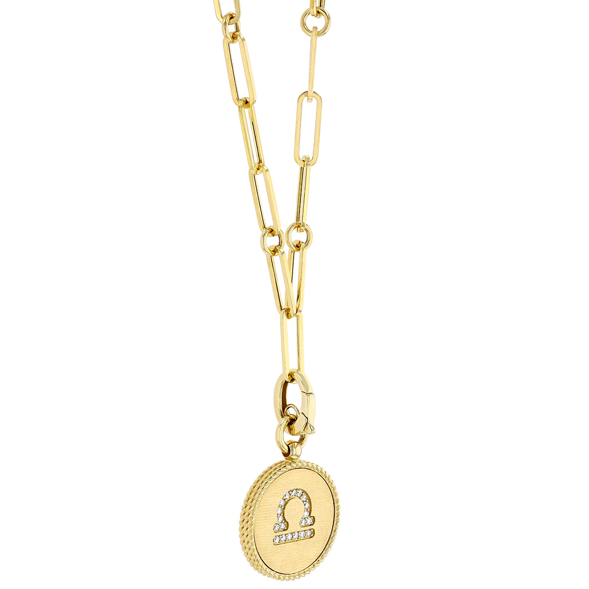 Roberto Coin Libra Zodiac Yellow Gold Medallion Pendant with Diamonds & Paper Clip Chain