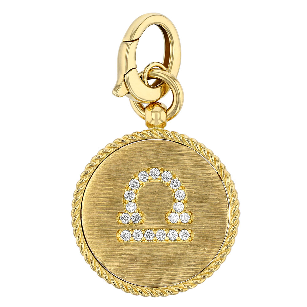 Roberto Coin Libra Zodiac Yellow Gold Medallion Pendant with Diamonds & Paper Clip Chain