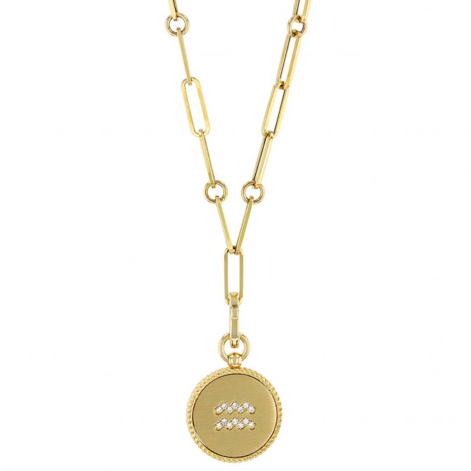 Roberto Coin Aquarius Zodiac Yellow Gold Medallion Pendant with Diamonds & Paper Clip Chain