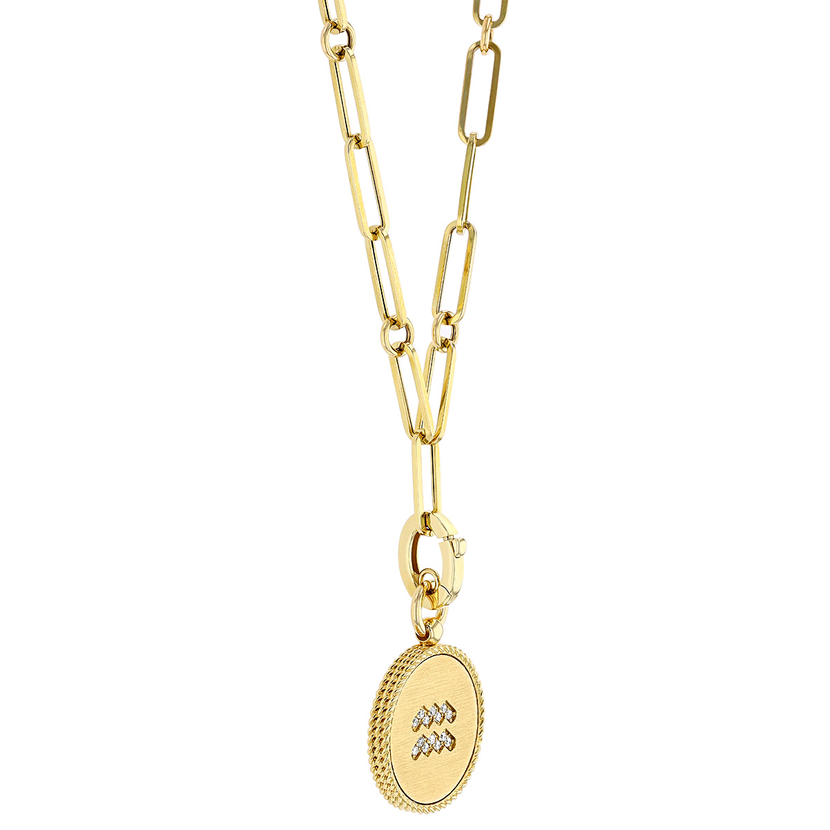 Roberto Coin Aquarius Zodiac Yellow Gold Medallion Pendant with Diamonds & Paper Clip Chain
