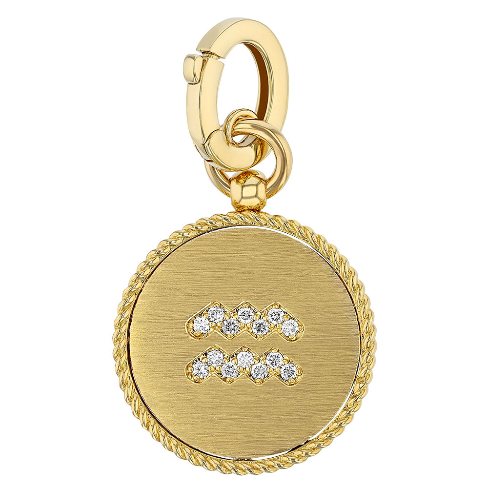 Roberto Coin Aquarius Zodiac Yellow Gold Medallion Pendant with Diamonds & Paper Clip Chain