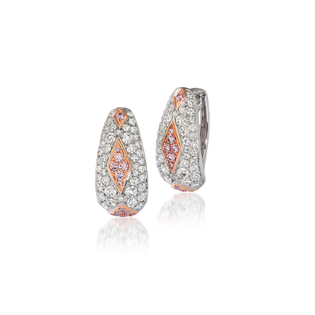 L.J. West Fancy Pink & White Diamond Argyle Motif Huggie Earrings in Platinum & Rose Gold