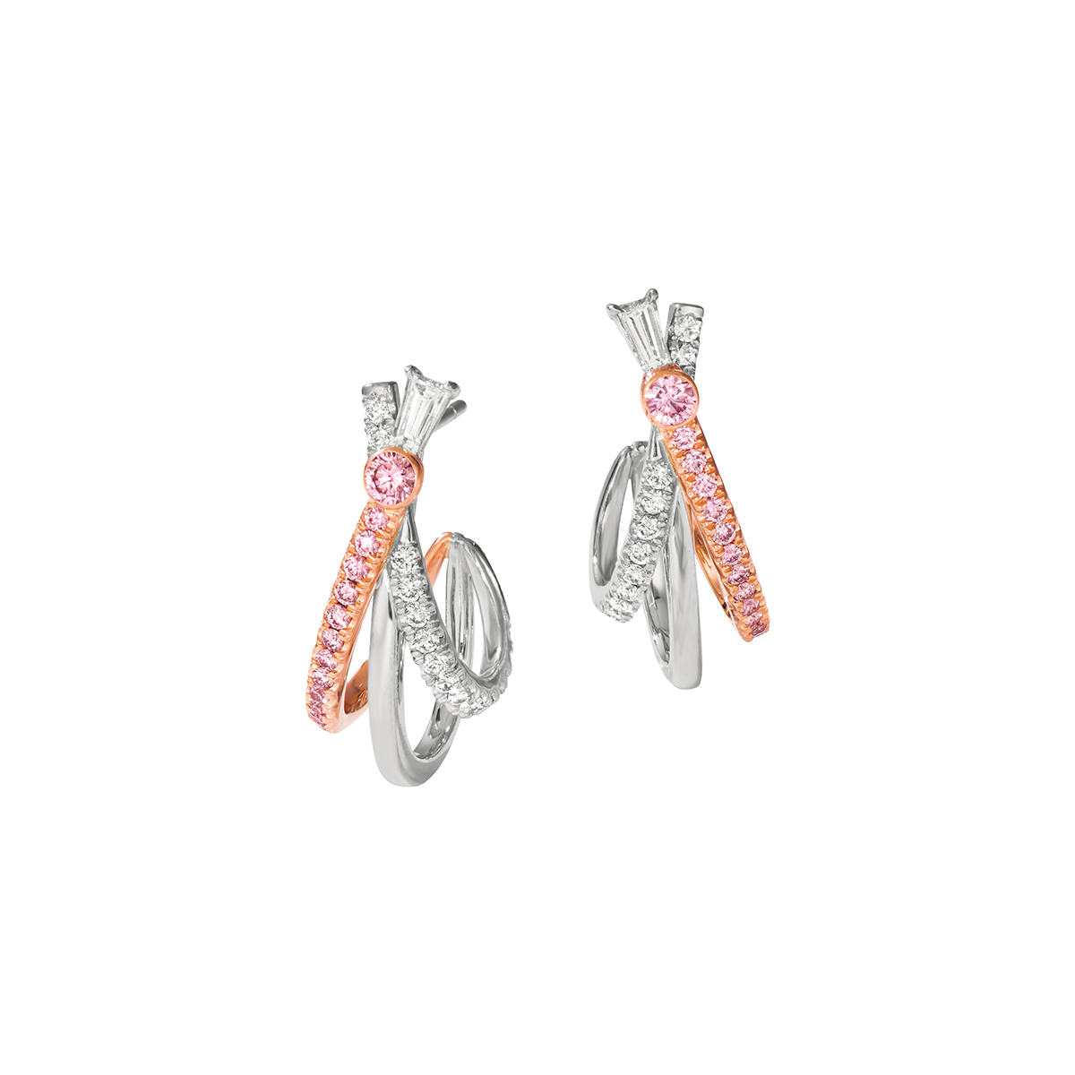 L.J. West Knot Argyle Fancy Pink & White Diamond Huggie Earrings in Platinum & Rose Gold