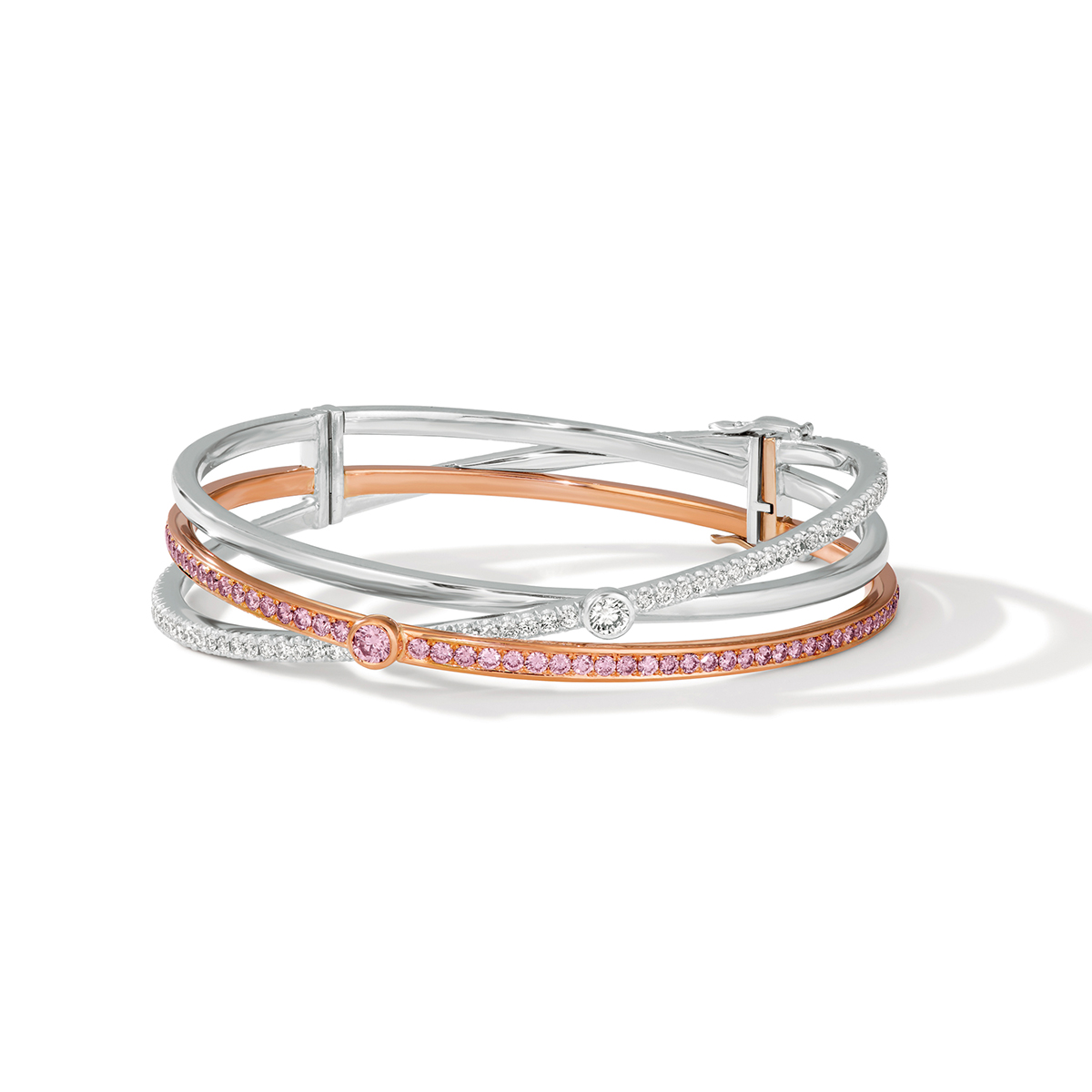 L.J. West Knot Argyle Fancy Pink & White Diamond Bangle in Platinum & Rose Gold