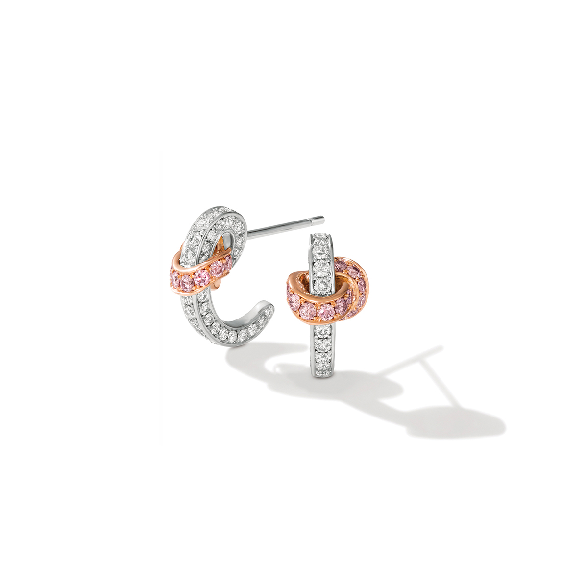 L.J. West Knot Argyle Fancy Pink & White Diamond Earrings in Platinum & Rose Gold
