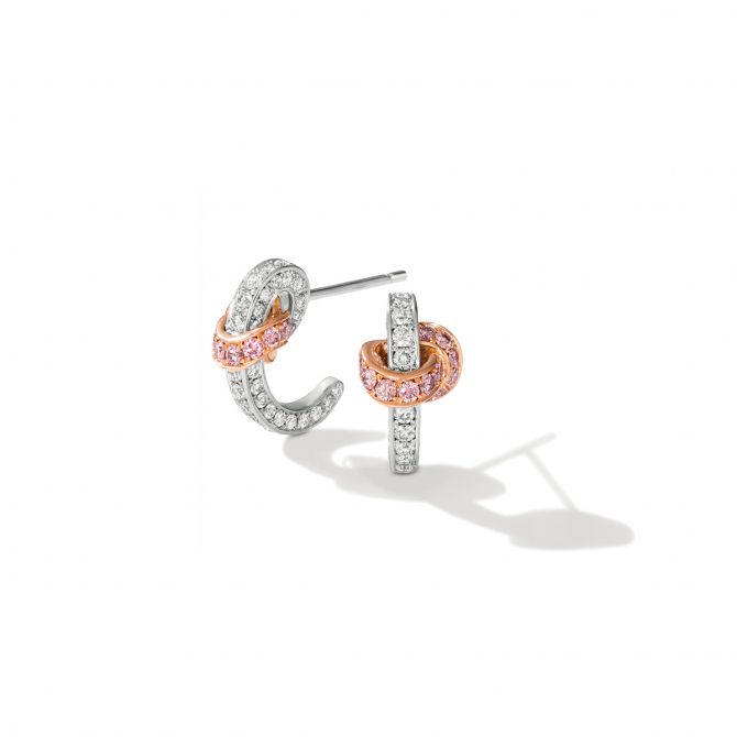 L.J. West Knot Argyle Fancy Pink & White Diamond Earrings in Platinum & Rose Gold