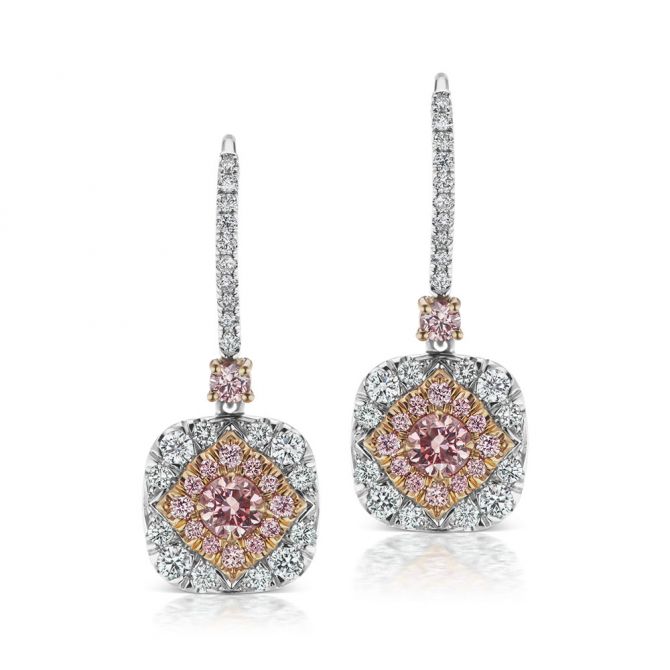 L.J. West Argyle Fancy Pink & White Diamond Halo Drop Earrings in Platinum & Rose Gold