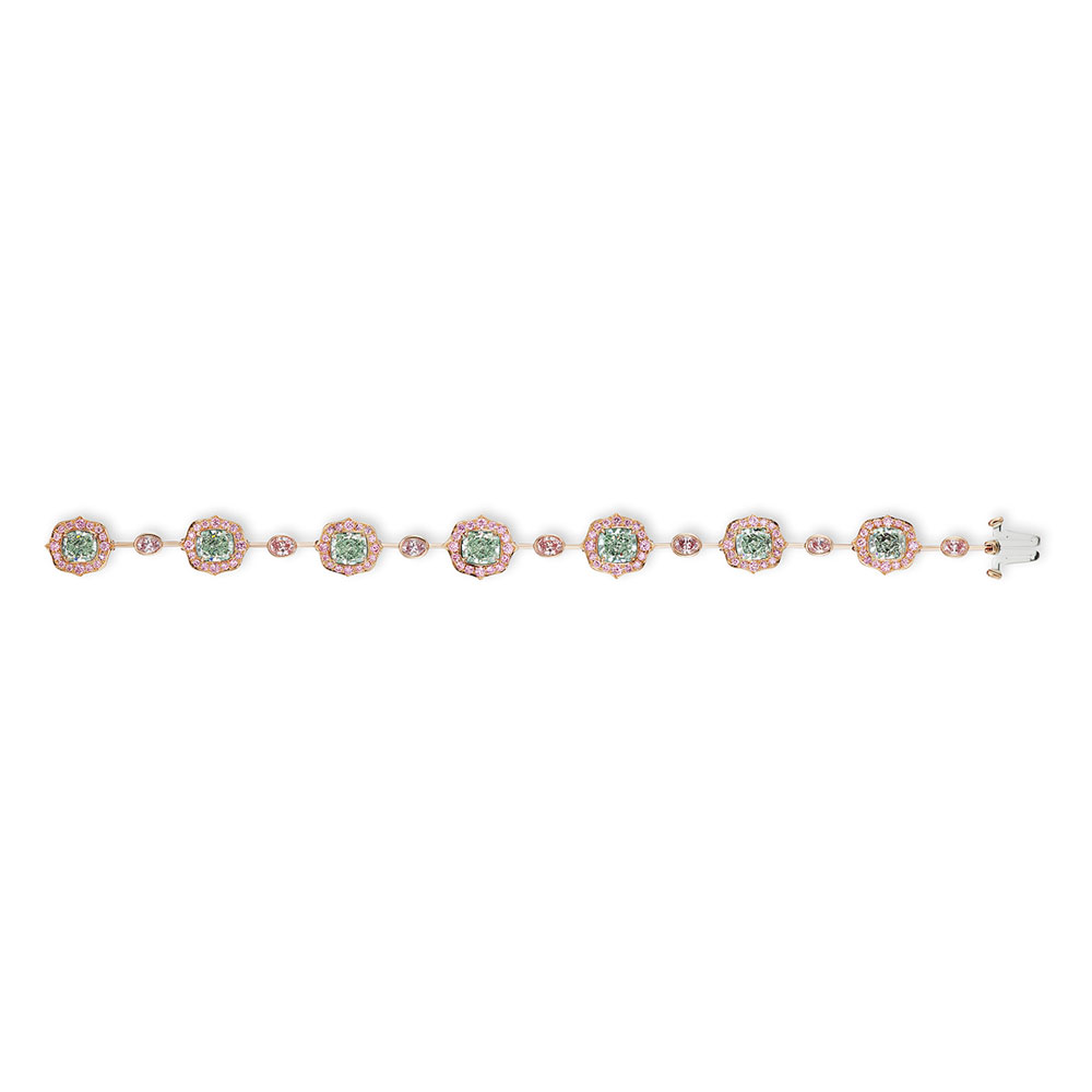 L.J. West Paradise Fancy Light Green & Argyle Fancy Pink Diamond Halo Bracelet in Rose Gold