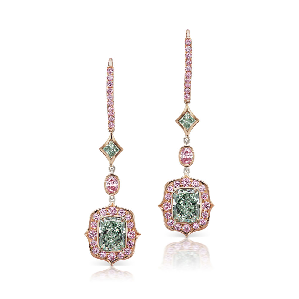 L.J. West Paradise Fancy Light Green & Argyle Fancy Pink Diamond Halo Drop Earrings in Rose Gold