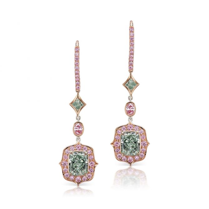 L.J. West Paradise Fancy Light Green & Argyle Fancy Pink Diamond Halo Drop Earrings in Rose Gold