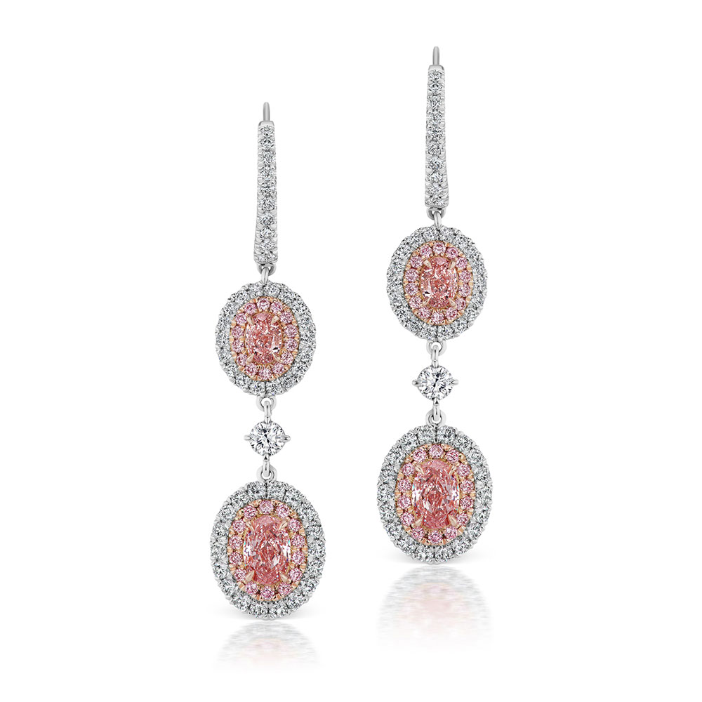 L.J. West Argyle Oval Fancy Pink & White Diamond Halo Drop Earrings in Platinum