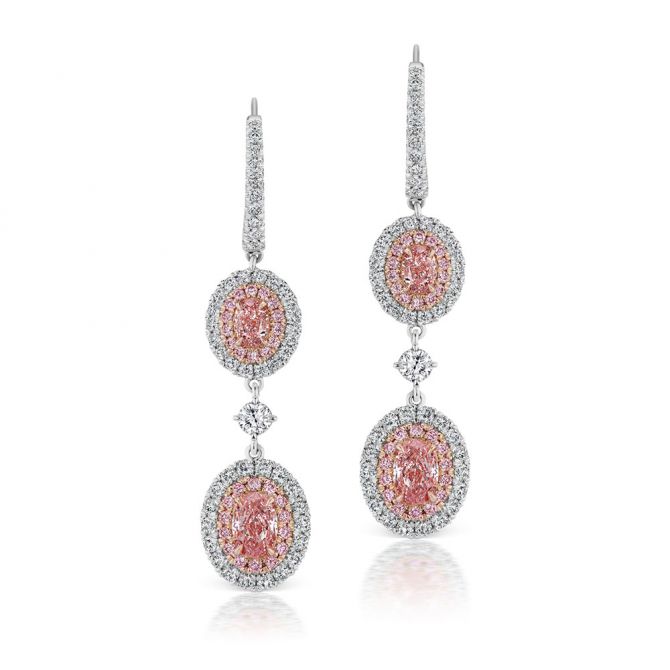 L.J. West Argyle Oval Fancy Pink & White Diamond Halo Drop Earrings in Platinum
