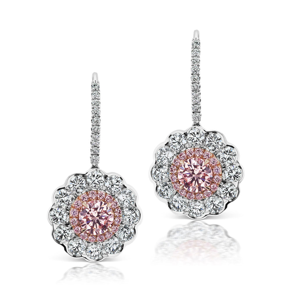 L.J. West Argyle Fancy Orangy Pink & Brownish Orangy Pink  Scalloped Halo Drop Earrings in Platinum