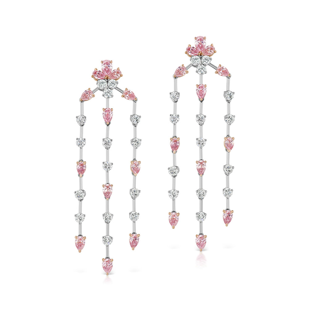 L.J. West Argyle Fancy Pink & White Diamond Chandelier Earrings in Platinum & Rose Gold