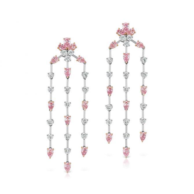 L.J. West Argyle Fancy Pink & White Diamond Chandelier Earrings in Platinum & Rose Gold