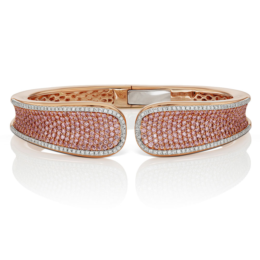 L.J. West Argyle Fancy Pink & White Diamond Pavé Saddle Cuff Bangle in Rose Gold