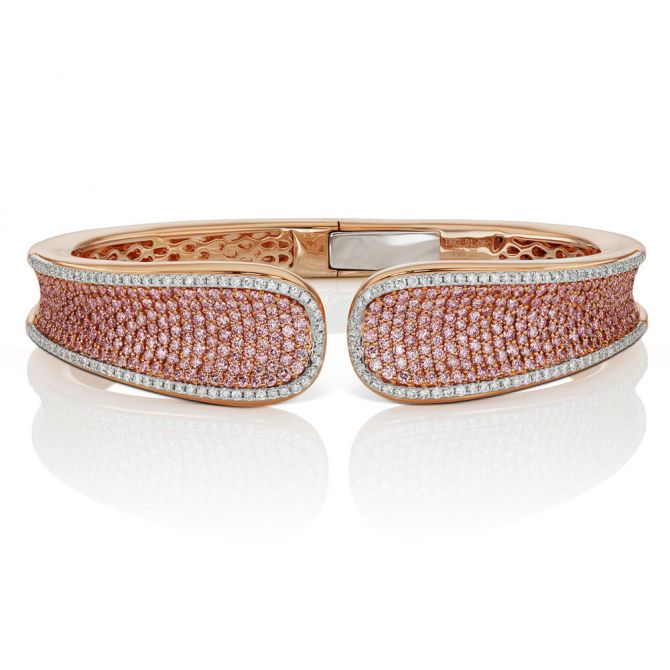 L.J. West Argyle Fancy Pink & White Diamond Pavé Saddle Cuff Bangle in Rose Gold