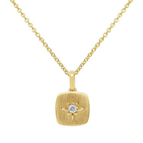 Satin Yellow Gold Cushion Pendant with Diamond Starburst, 16"