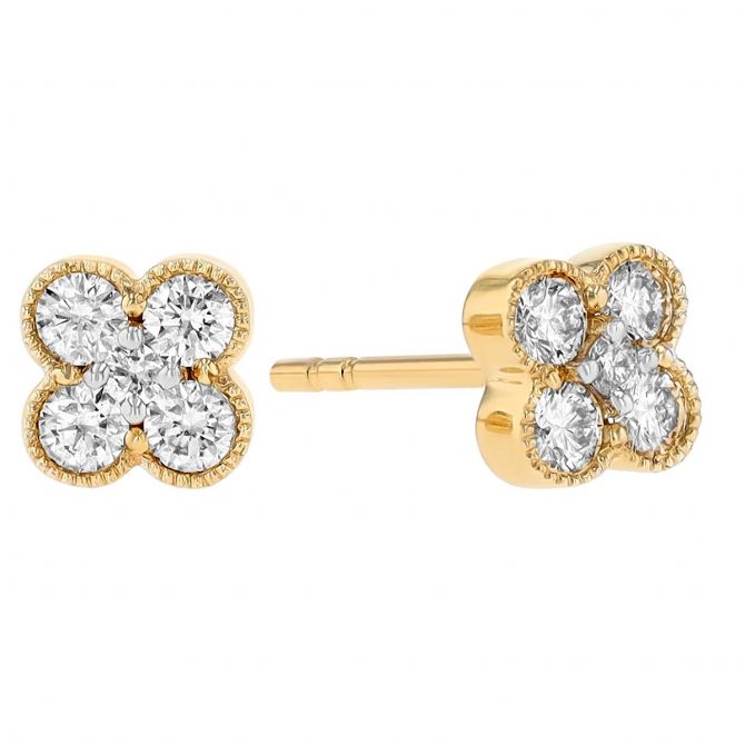 Diamond Clover Stud Earrings with Milgrain in Yellow Gold