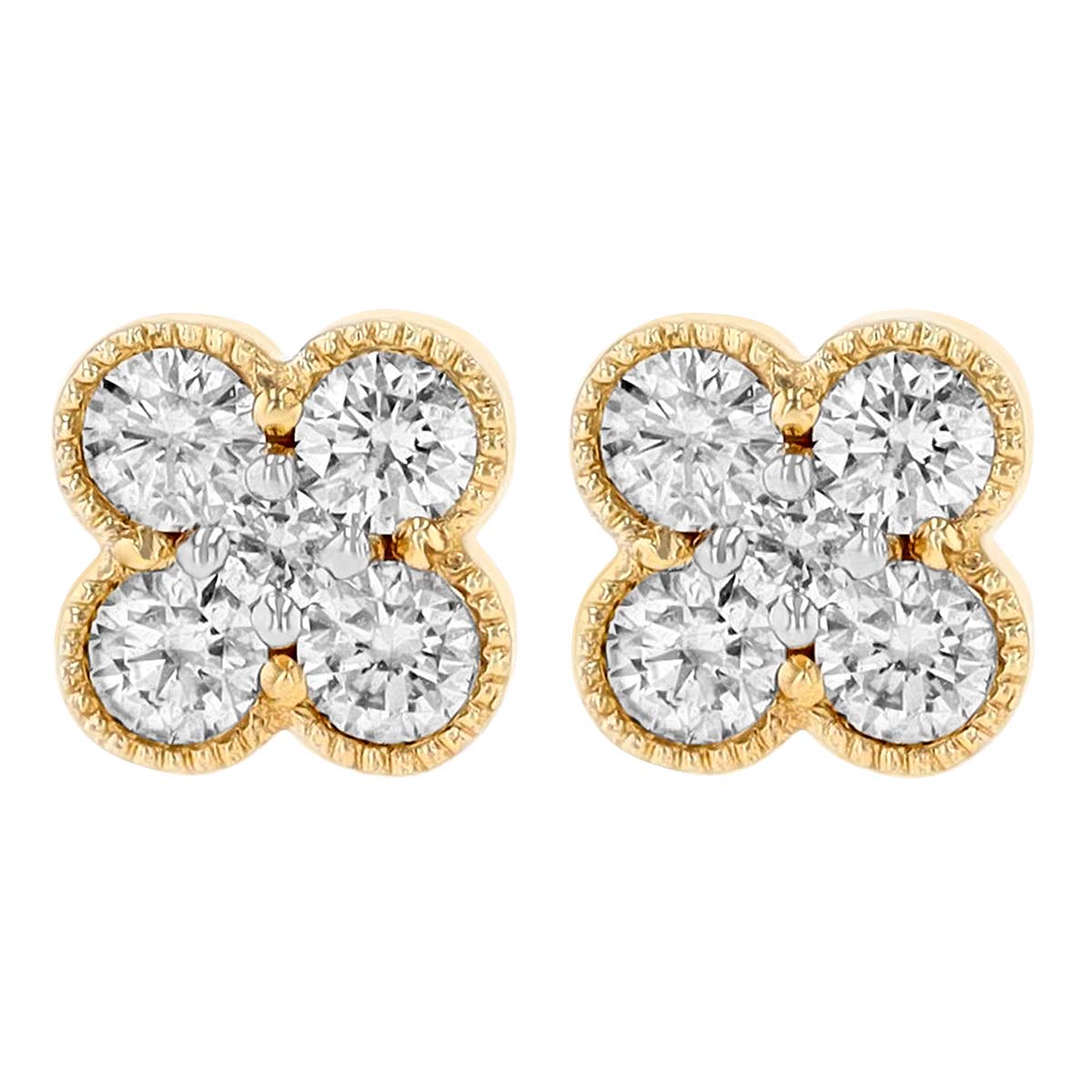 Diamond Clover Stud Earrings with Milgrain in Yellow Gold