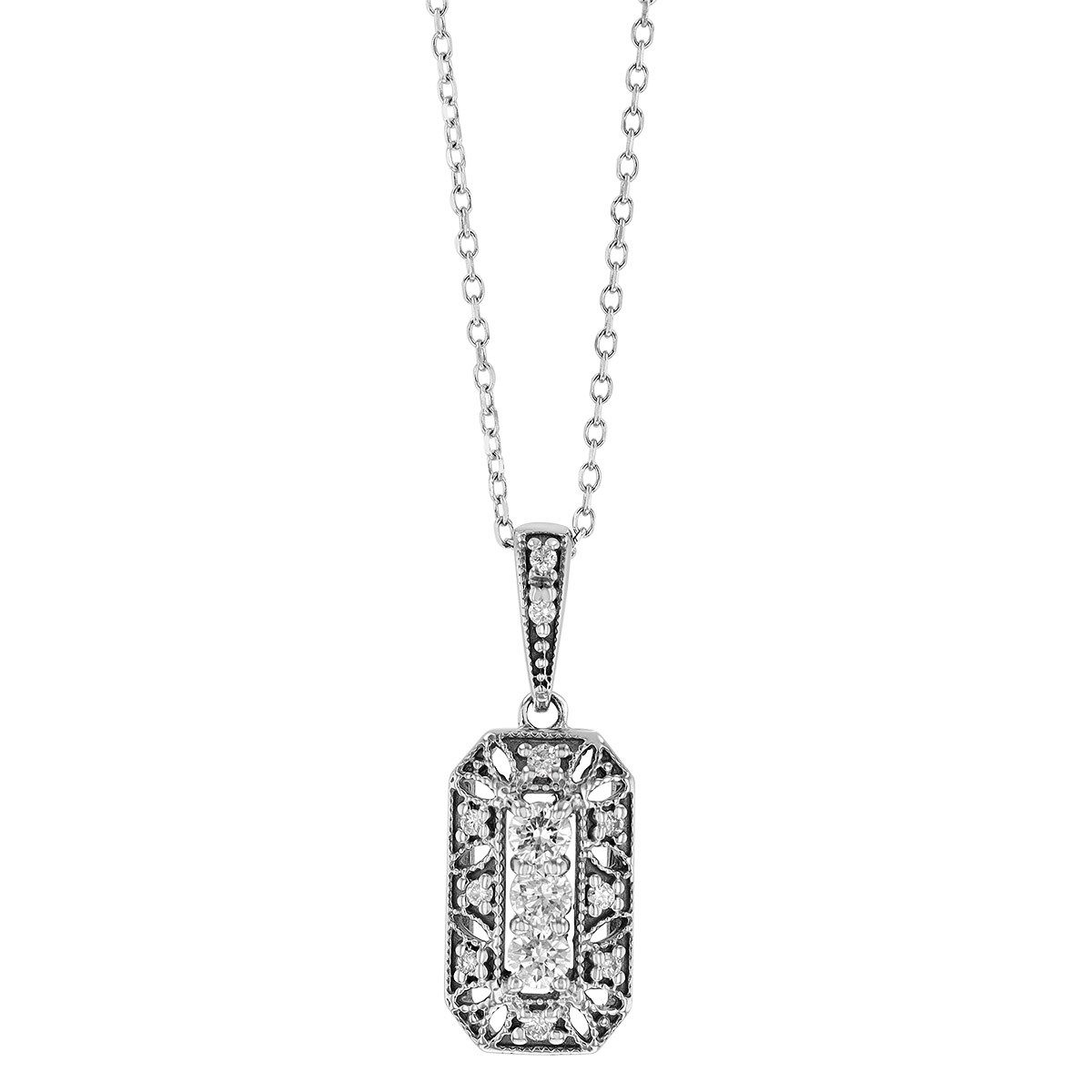 Diamond Ornate Rectangle Pendant with Milgrain in White Gold, 18