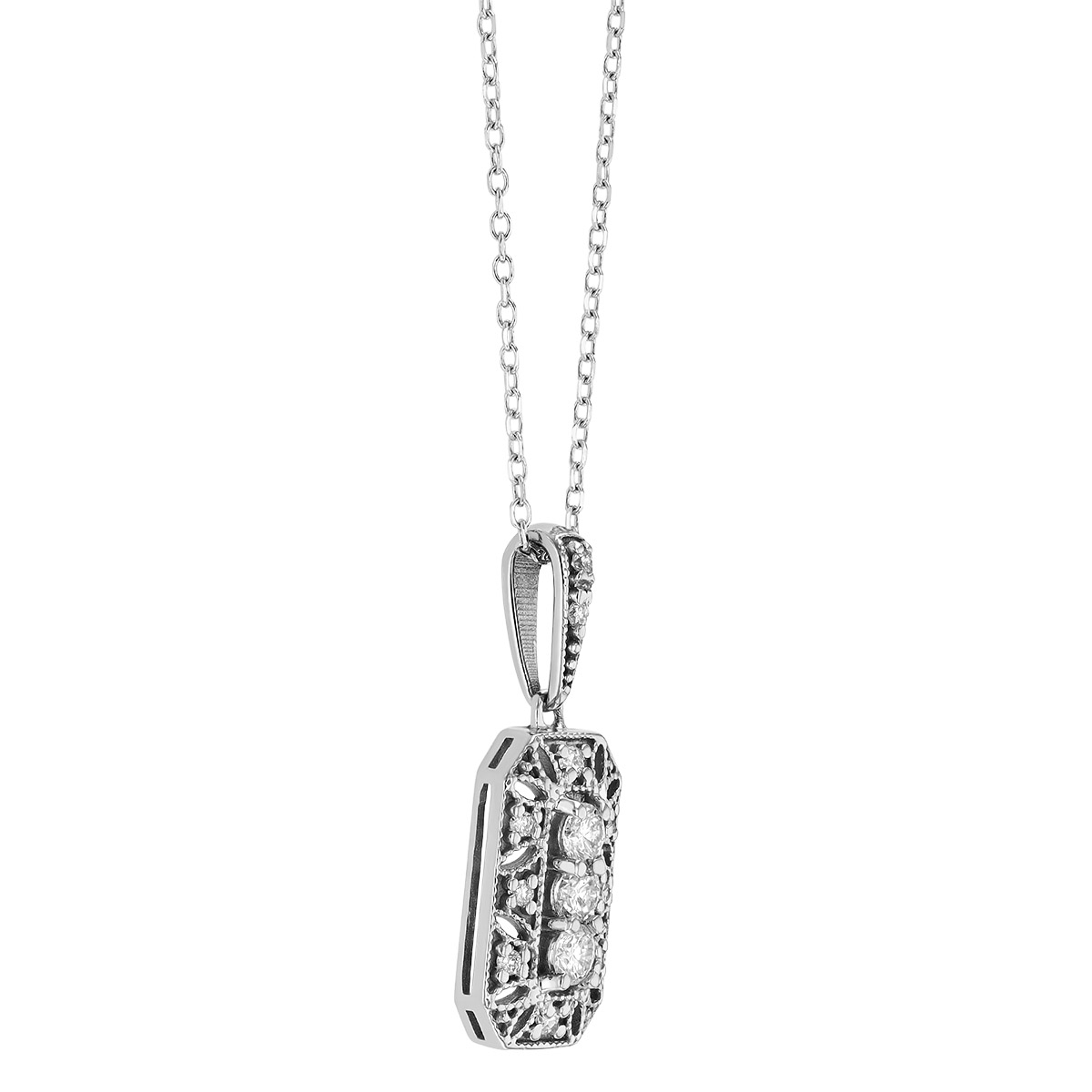 Diamond Ornate Rectangle Pendant with Milgrain in White Gold, 18