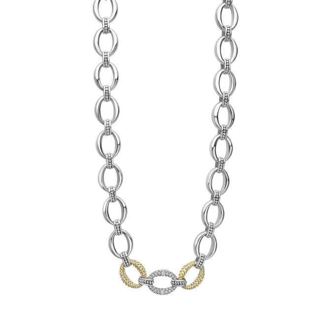 LAGOS Caviar Lux Diamond Link Single Station Necklace in Sterling Silver & Yellow Gold, 18"