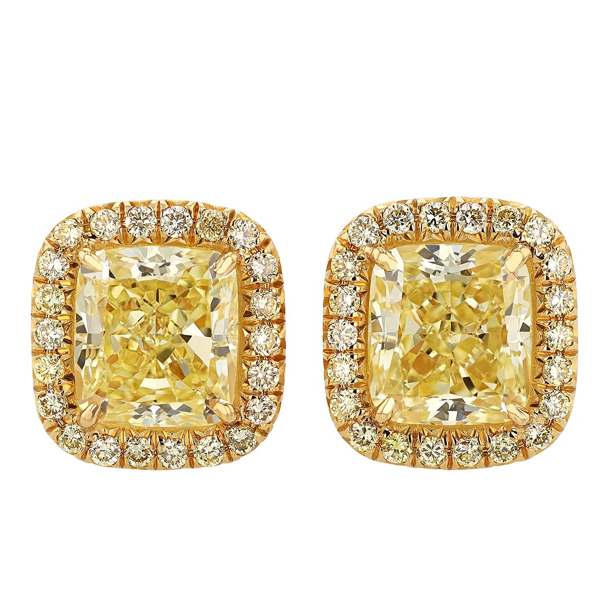 J.B. Star Cushion Fancy Yellow Diamond Halo Stud Earrings in Yellow Gold