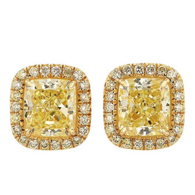 Star Cushion Fancy Yellow Diamond Halo Stud Earrings in