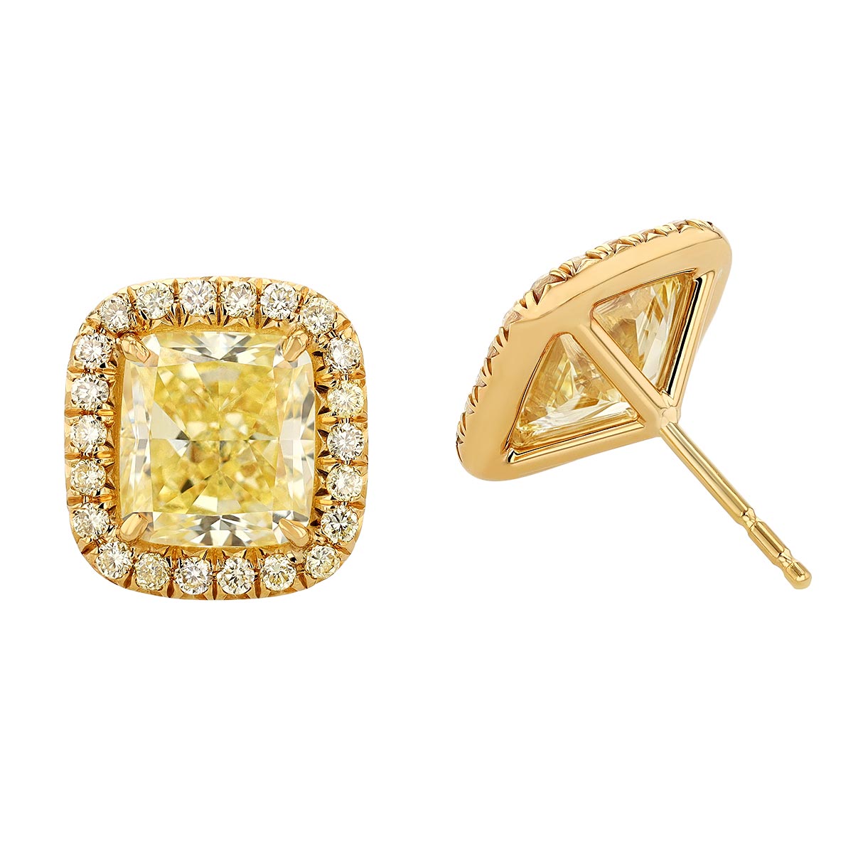 J.B. Star Cushion Fancy Yellow Diamond Halo Stud Earrings in Yellow Gold